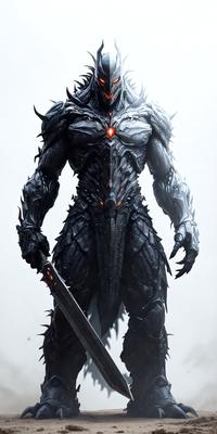 The primary subject of the image is a large, dark, and spiky creature with a sword in its hand. The creature appears to be a demon or a monster, and it is the main focus of the image. The setting is a white background, which provides a clean and minimalistic environment for the creature. The visual style of the image is digital art, as it is a detailed and intricate illustration of the demon. The dominant colors in the image are dark and grey, creating a moody and intense atmosphere.